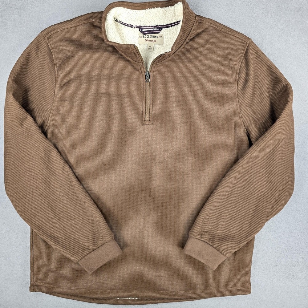 BC Clothing Heritage Sweater Mens 2XL Brown Waffle Knit Sherpa Lined Quarter Zip - Picture 2 of 14